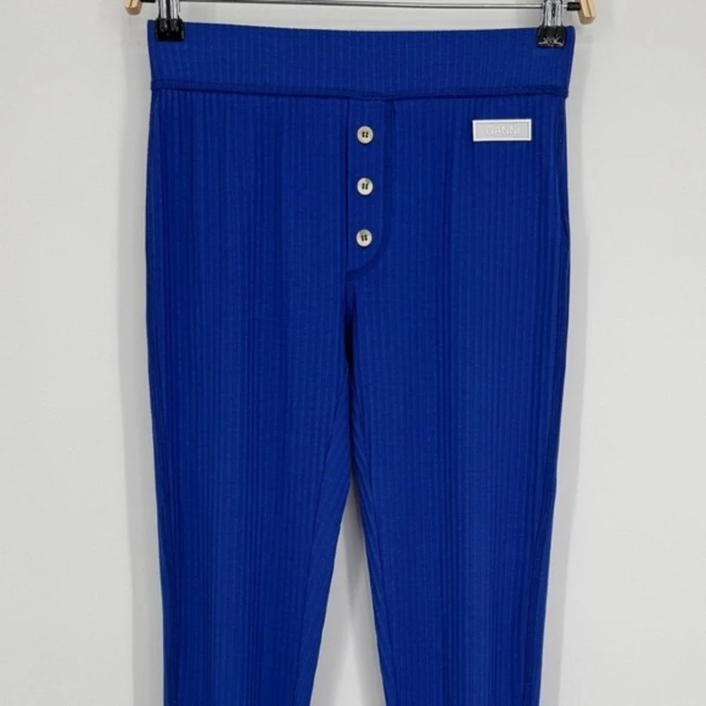 GANNI Ribbed Knit Two Piece Set Size Small Blue‎ Turtleneck Top Stirrup Leggings